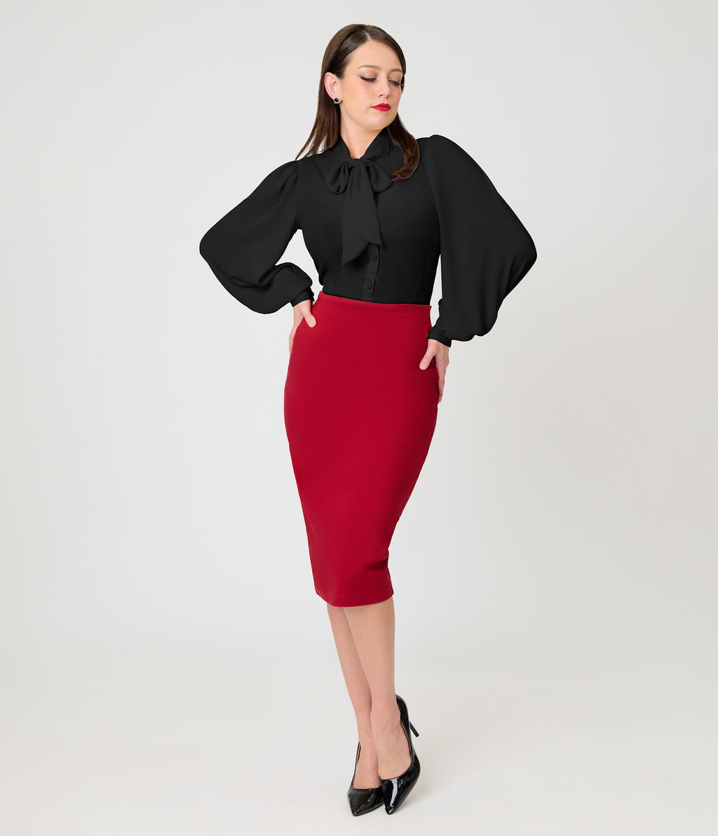 Unique Vintage Burgundy Button Pencil Skirt