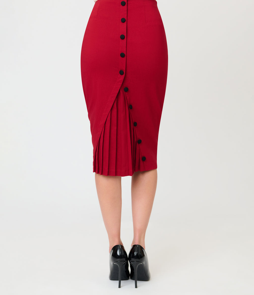 Unique Vintage Burgundy Button Pencil Skirt