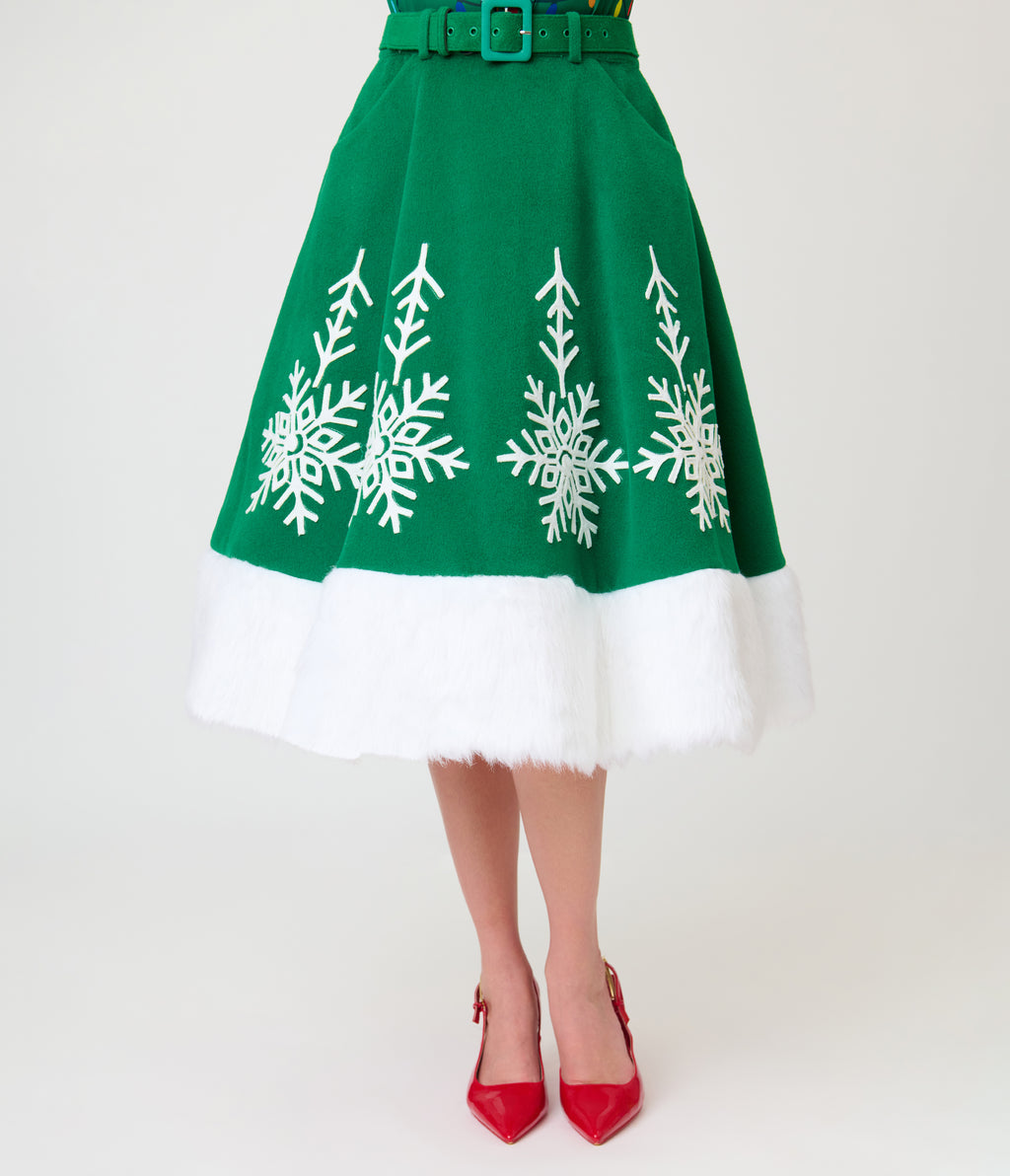 Unique Vintage Green Felt & White Fur Snowflake Soda Shop Swing Skirt