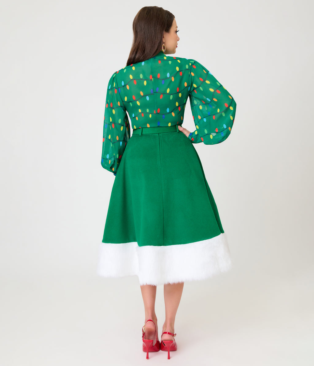 Unique Vintage Green Felt & White Fur Snowflake Soda Shop Swing Skirt
