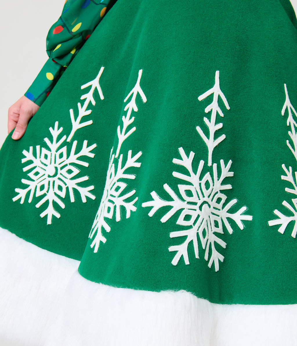 Unique Vintage Green Felt & White Fur Snowflake Soda Shop Swing Skirt