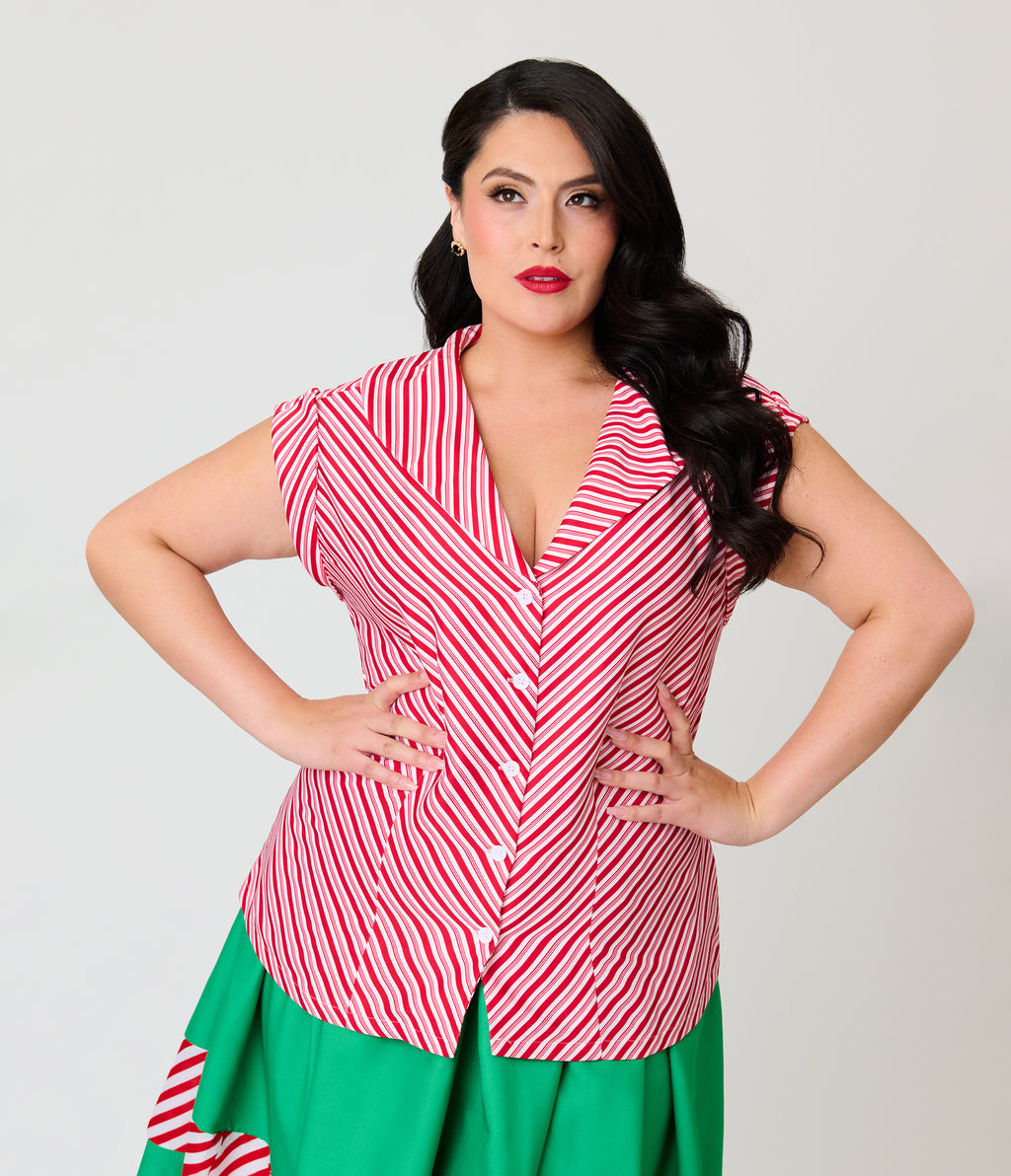 Unique Vintage Plus Size Candy Cane Stripe Sleeveless Blouse