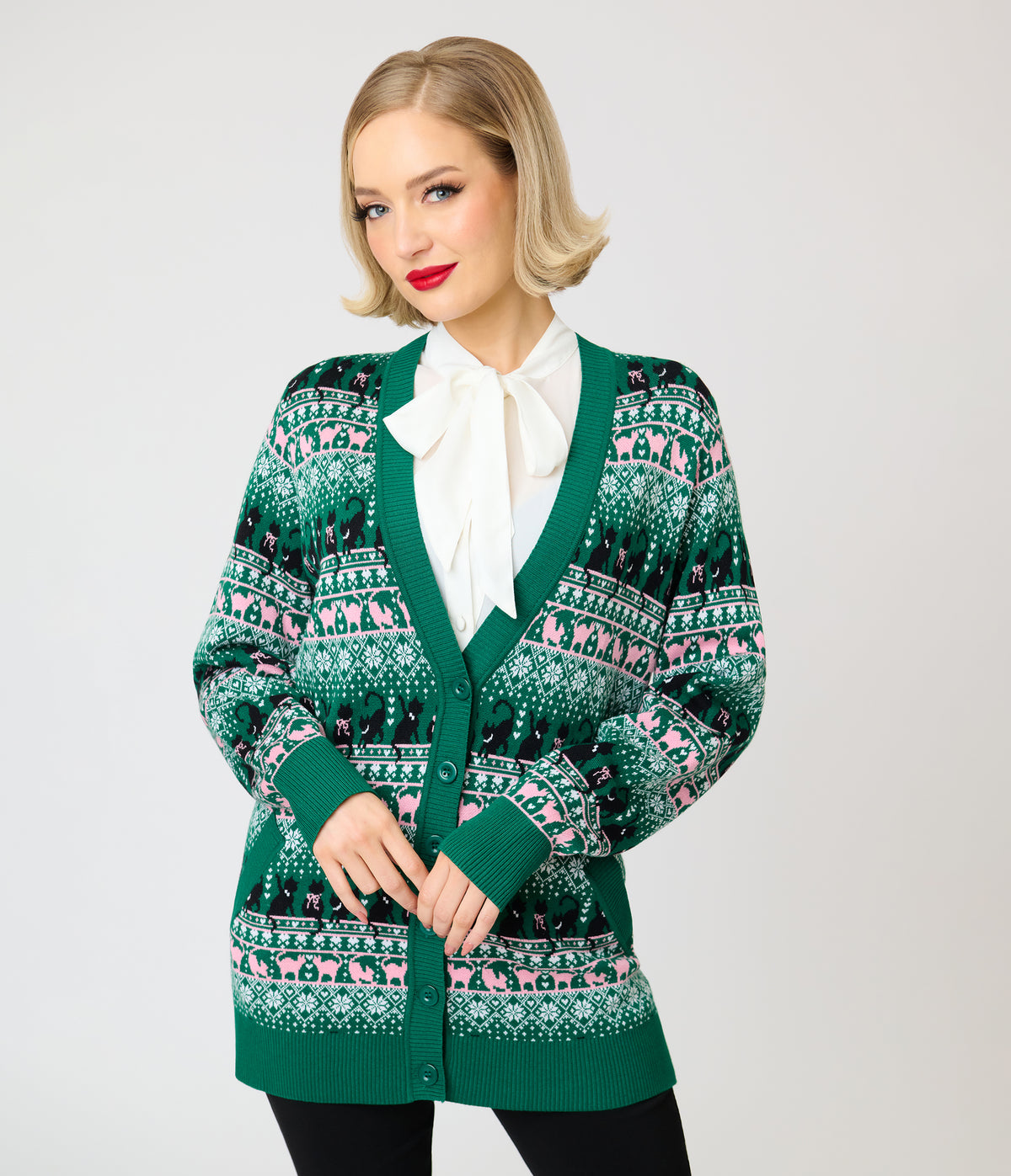 Unique Vintage 1950s Green Snowflake Cat Cardigan