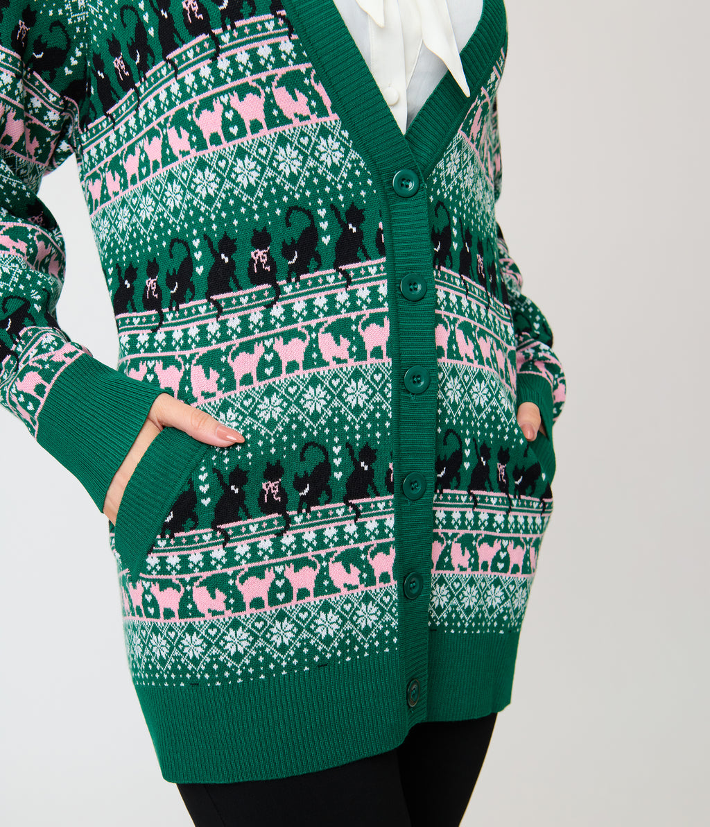 Unique Vintage 1950s Green Snowflake Cat Cardigan