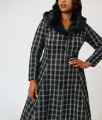 Unique Vintage Plus Size Black Plaid Tweed & Fur Carrie Swing Coat