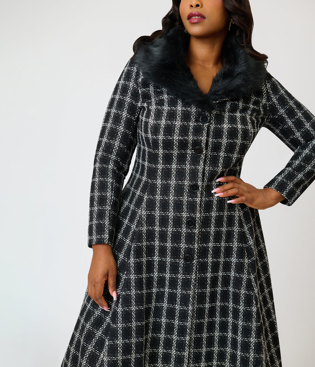 Unique Vintage Plus Size Black Plaid Tweed & Fur Carrie Swing Coat