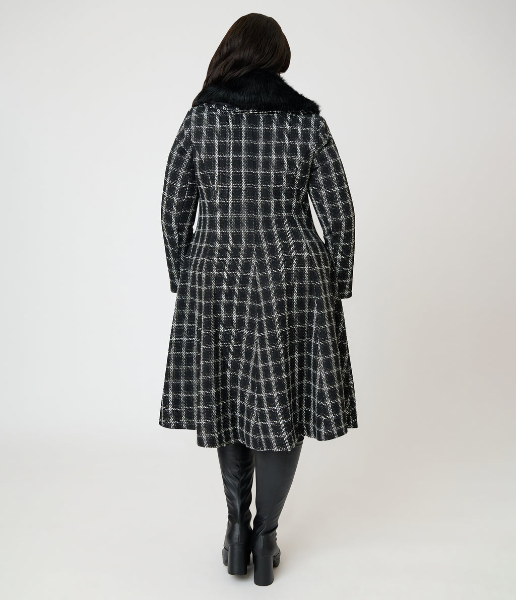 Unique Vintage Plus Size Black Plaid Tweed & Fur Carrie Swing Coat