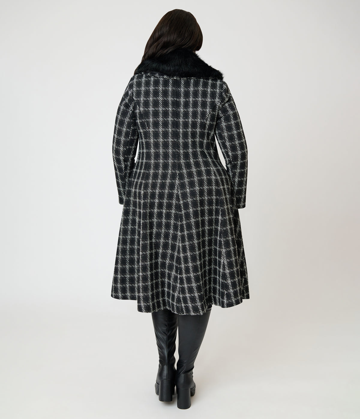 Unique Vintage Plus Size Black Plaid Tweed & Fur Carrie Swing Coat