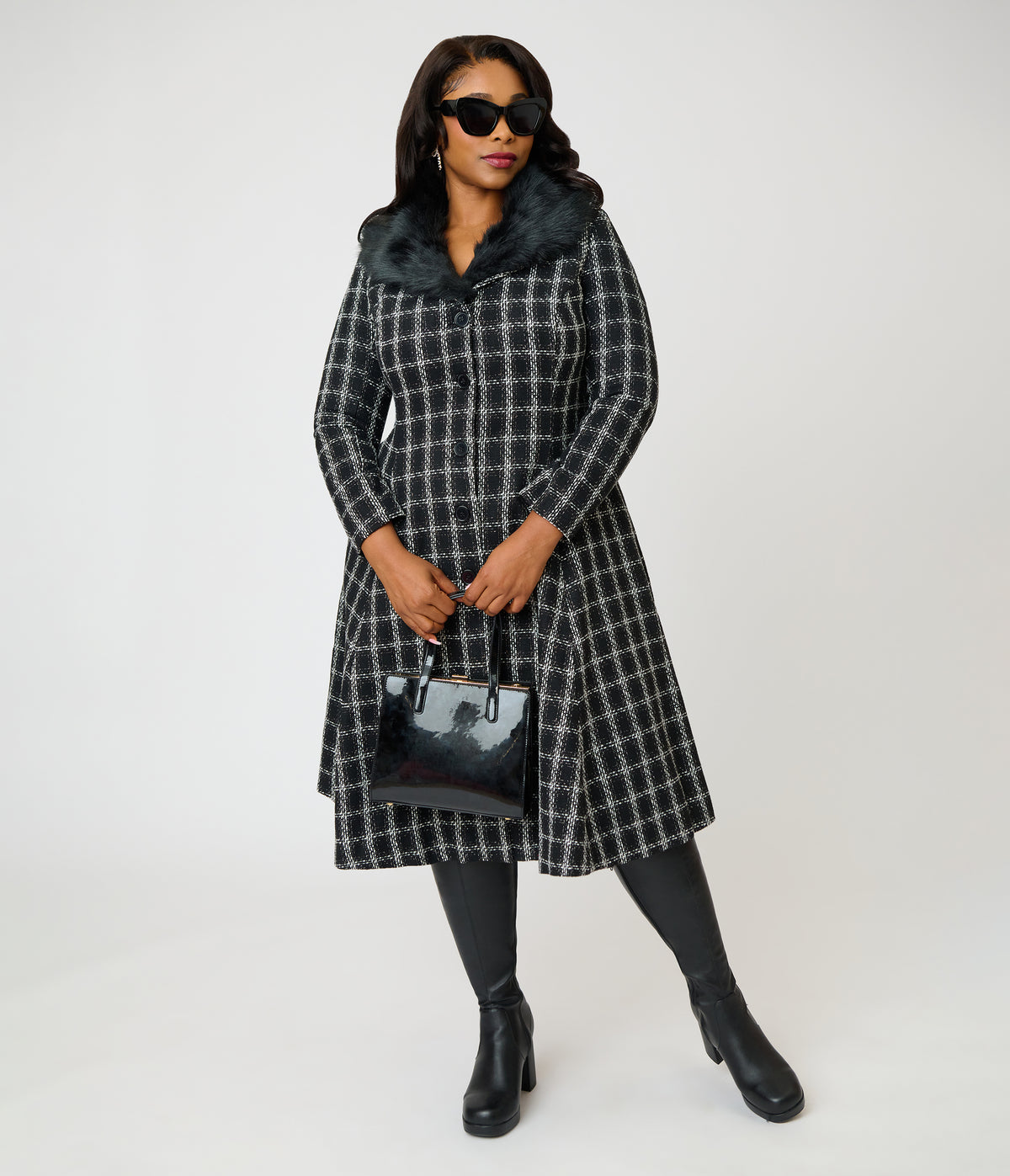 Unique Vintage Plus Size Black Plaid Tweed & Fur Carrie Swing Coat