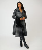 Unique Vintage Plus Size Black Plaid Tweed & Fur Carrie Swing Coat