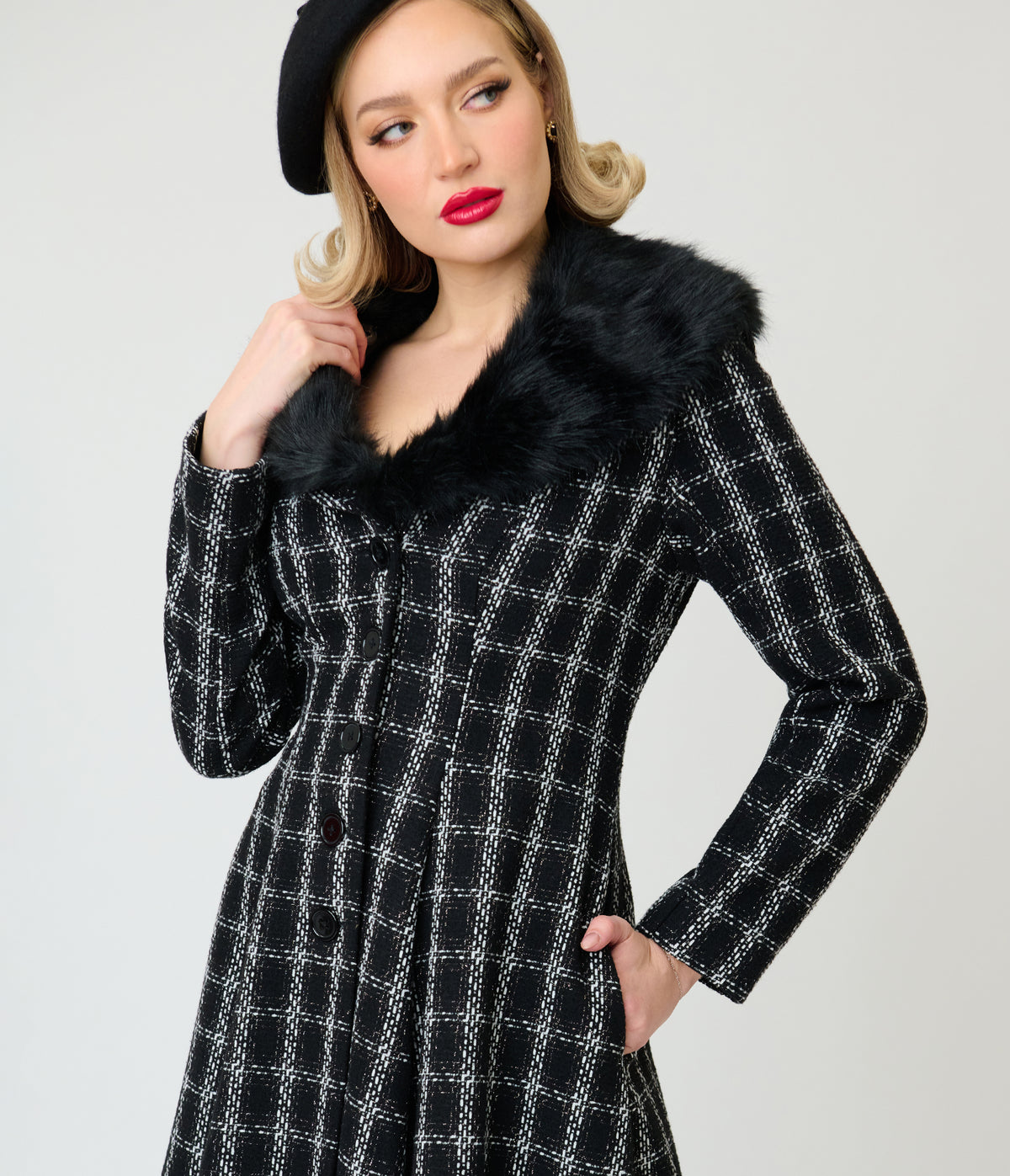 Unique Vintage Black Plaid Tweed & Fur Carrie Swing Coat