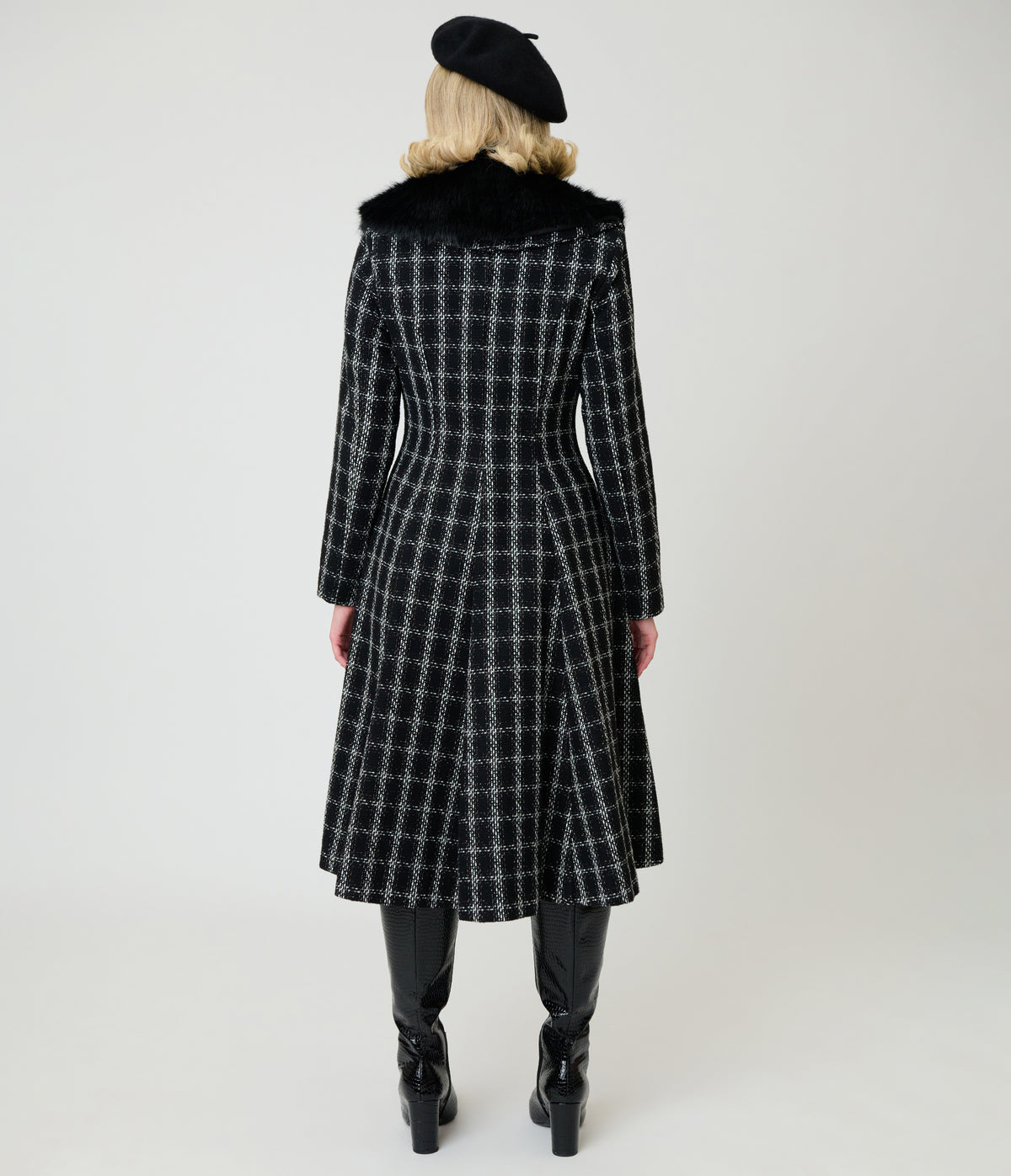 Unique Vintage Black Plaid Tweed & Fur Carrie Swing Coat