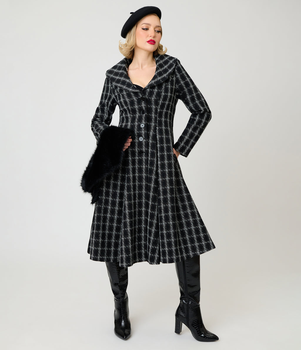 Unique Vintage Black Plaid Tweed & Fur Carrie Swing Coat