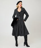 Unique Vintage Black Plaid Tweed & Fur Carrie Swing Coat