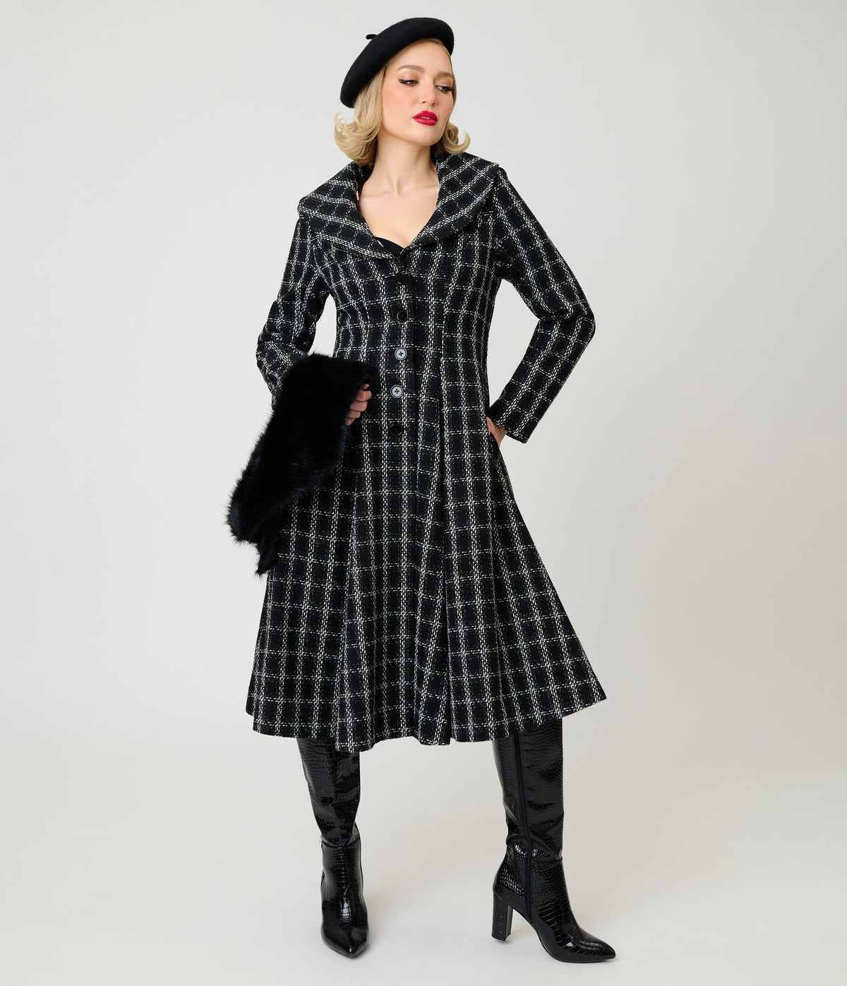 Unique Vintage Black Plaid Tweed & Fur Carrie Swing Coat