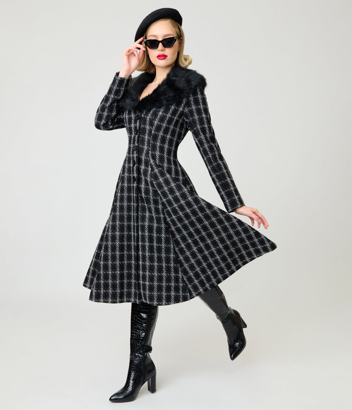 Unique Vintage Black Plaid Tweed & Fur Carrie Swing Coat