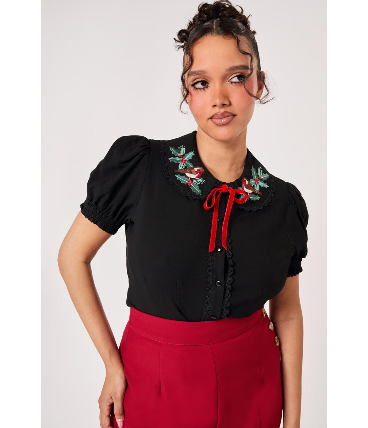 Hell Bunny Black Holly Embroidered Robin Blouse