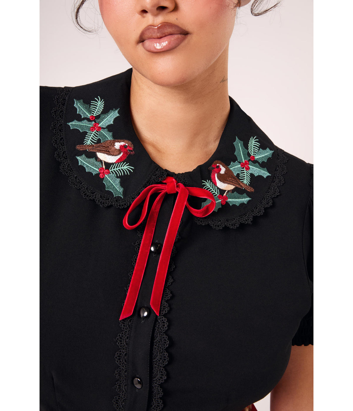 Hell Bunny Black Holly Embroidered Robin Blouse