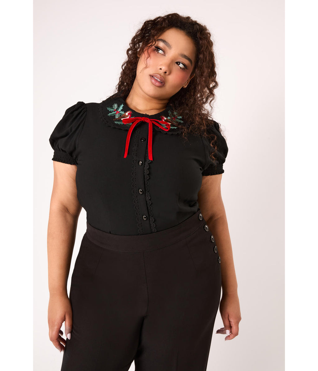 Hell Bunny Black Holly Embroidered Robin Blouse