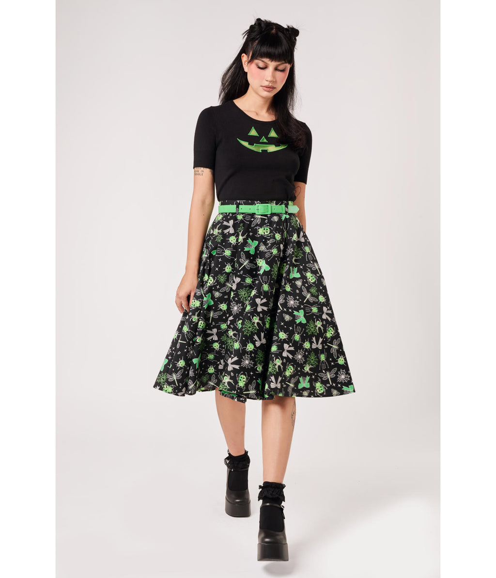 Hell Bunny Black & Green Bug Print Millie Skirt