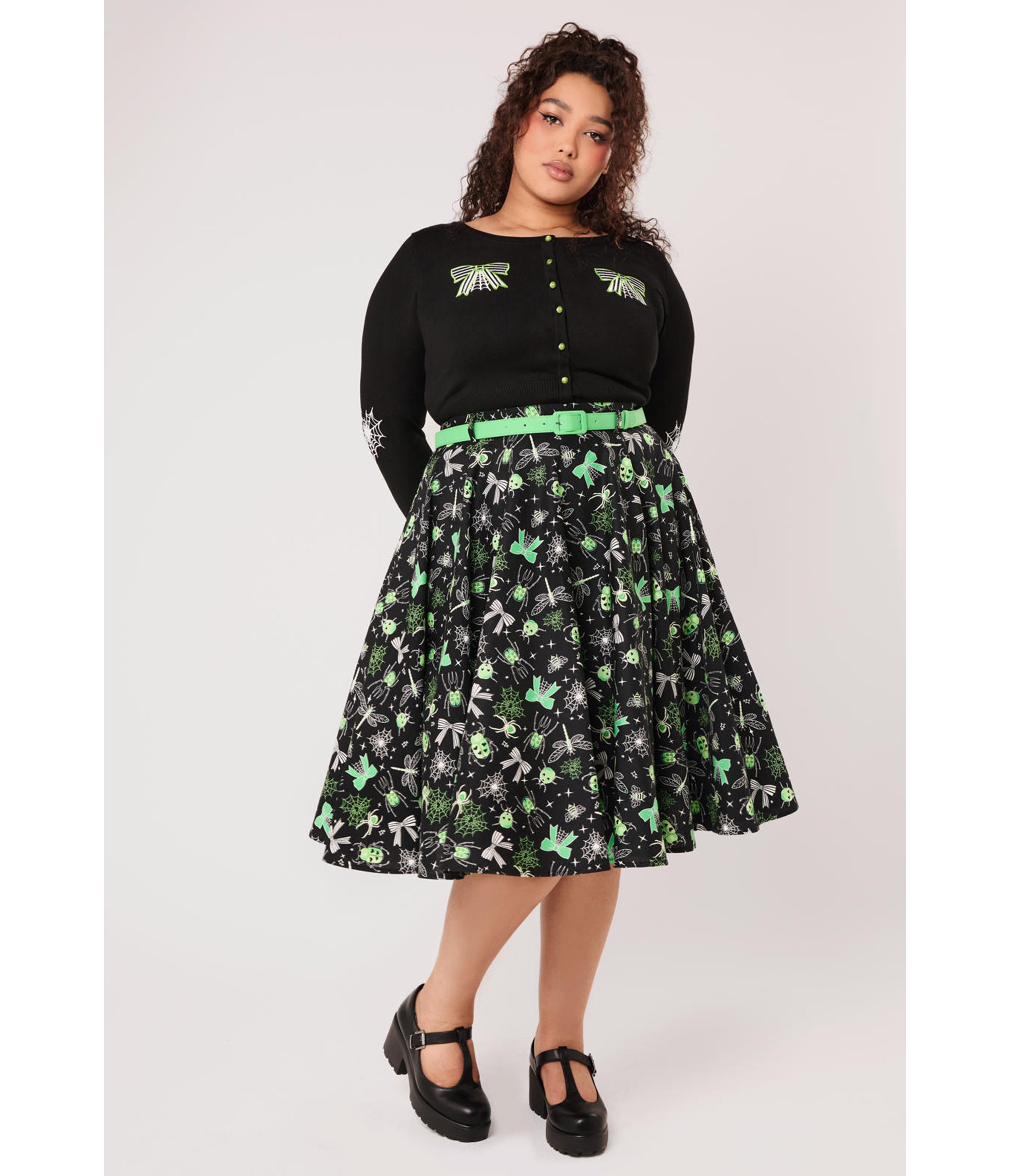 Hell Bunny Black & Green Bug Print Millie Skirt