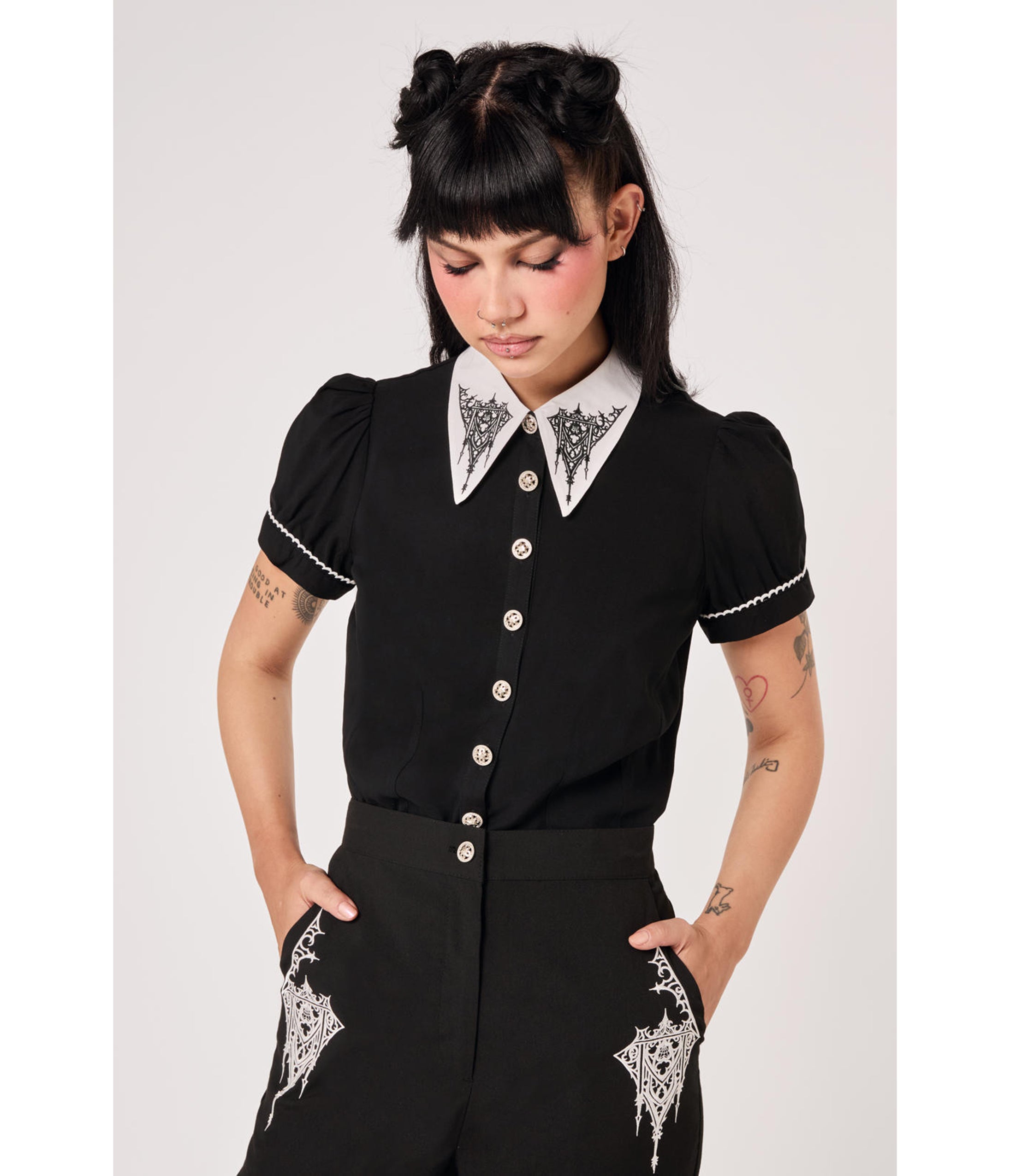 Hell Bunny Black Cathedral Embroidered Elizabeth Blouse
