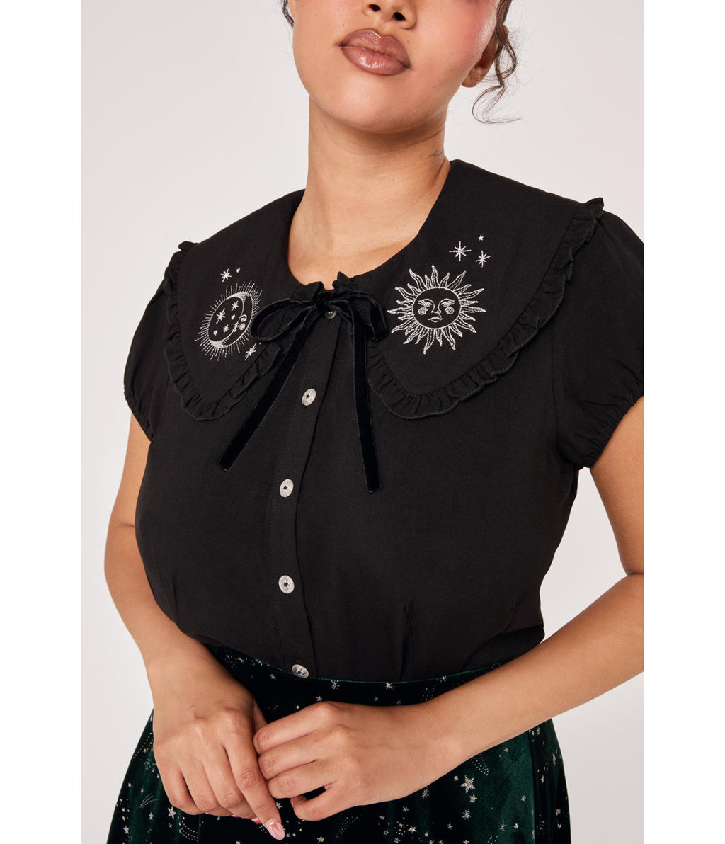 Hell Bunny Black Celeste Embroidered Ruffle Collar Blouse