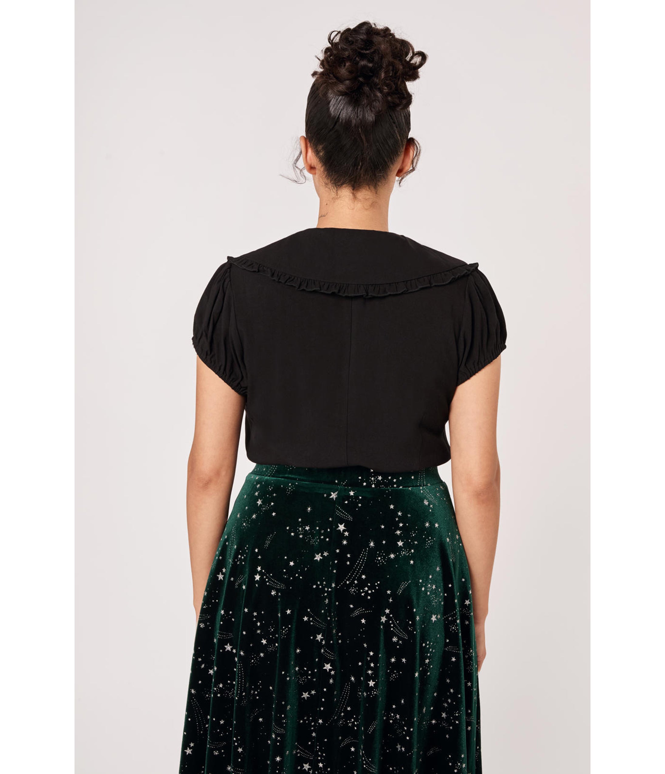 Hell Bunny Black Celeste Embroidered Ruffle Collar Blouse