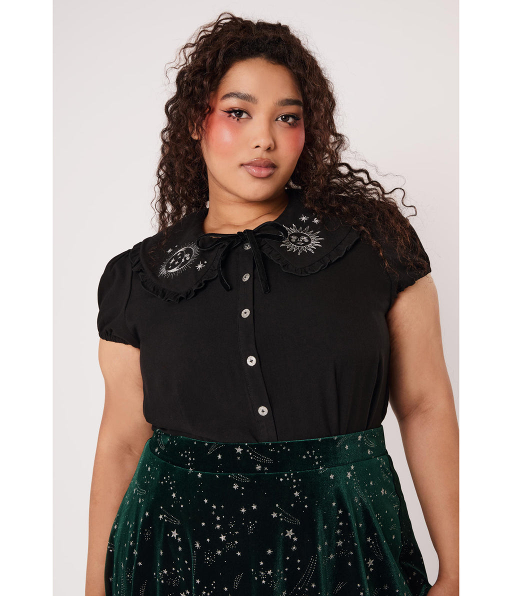 Hell Bunny Black Celeste Embroidered Ruffle Collar Blouse