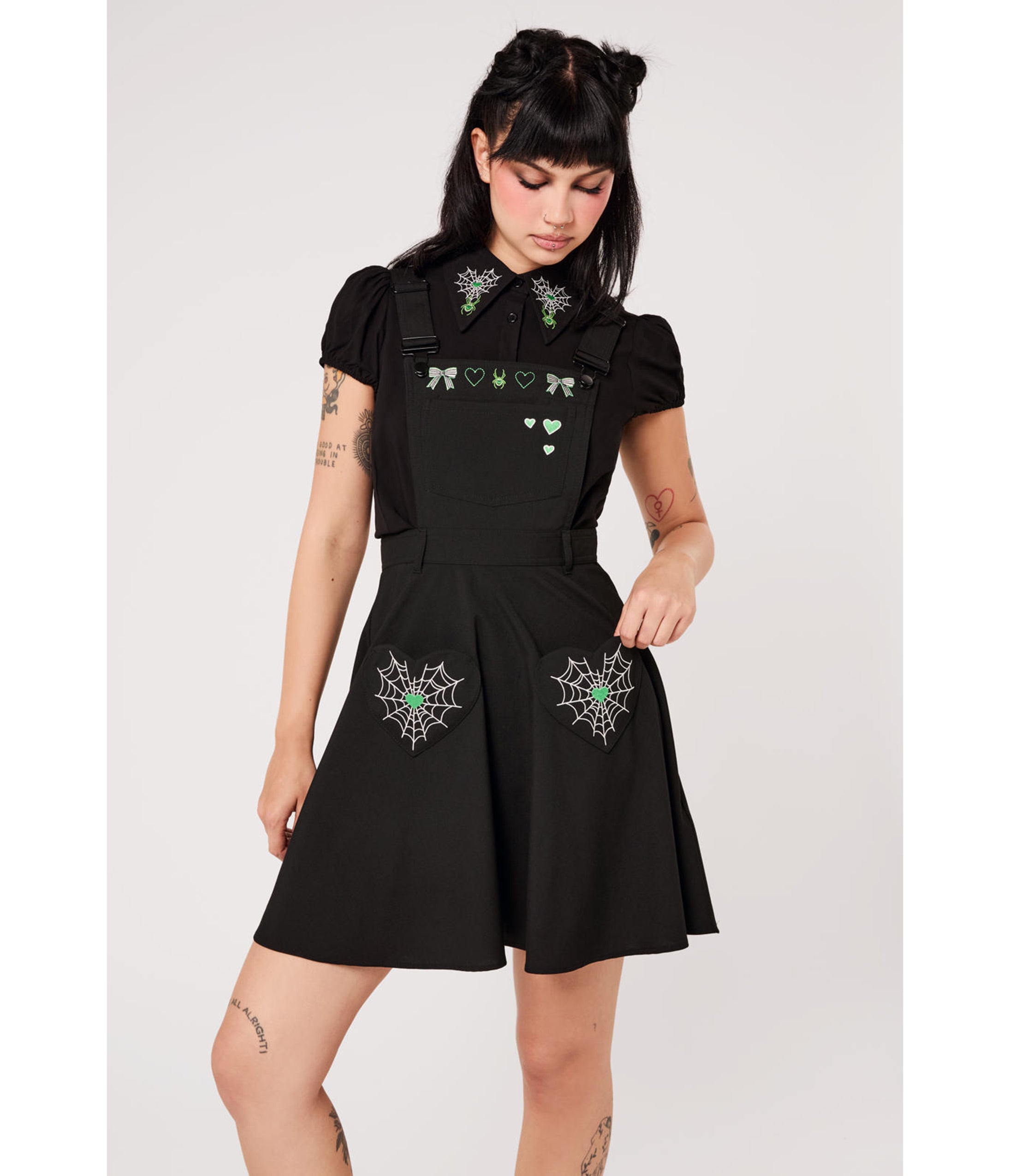 Hell Bunny Black Spiderweb Embroidered Millie Pinafore Dress