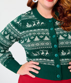 Unique Vintage Plus Size Green & White Reindeer & Christmas Tree Fair Isle Cropped Cardigan