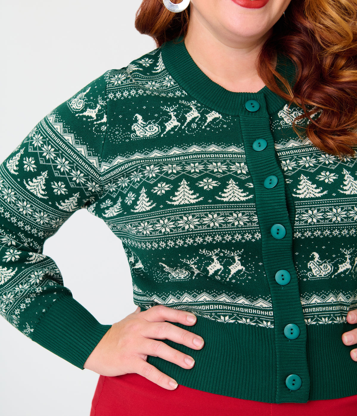 Unique Vintage Plus Size Green & White Reindeer & Christmas Tree Fair Isle Cropped Cardigan