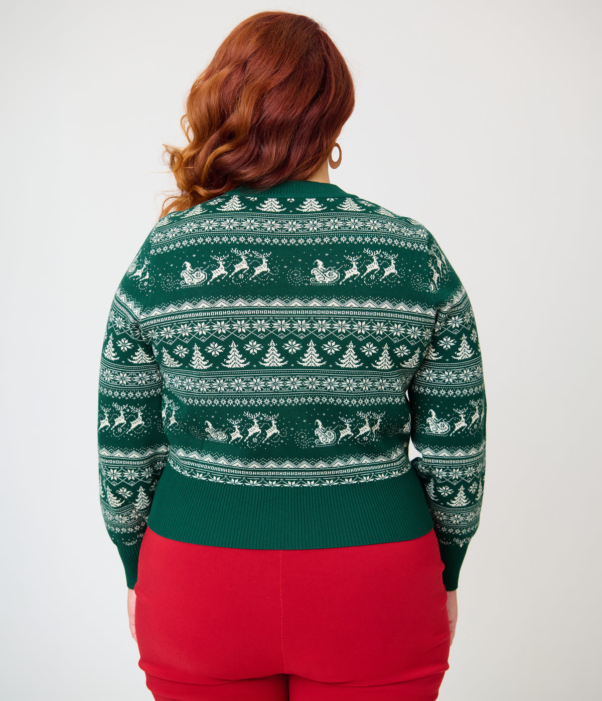 Unique Vintage Plus Size Green & White Reindeer & Christmas Tree Fair Isle Cropped Cardigan