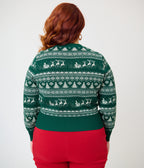 Unique Vintage Plus Size Green & White Reindeer & Christmas Tree Fair Isle Cropped Cardigan