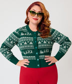 Unique Vintage Plus Size Green & White Reindeer & Christmas Tree Fair Isle Cropped Cardigan