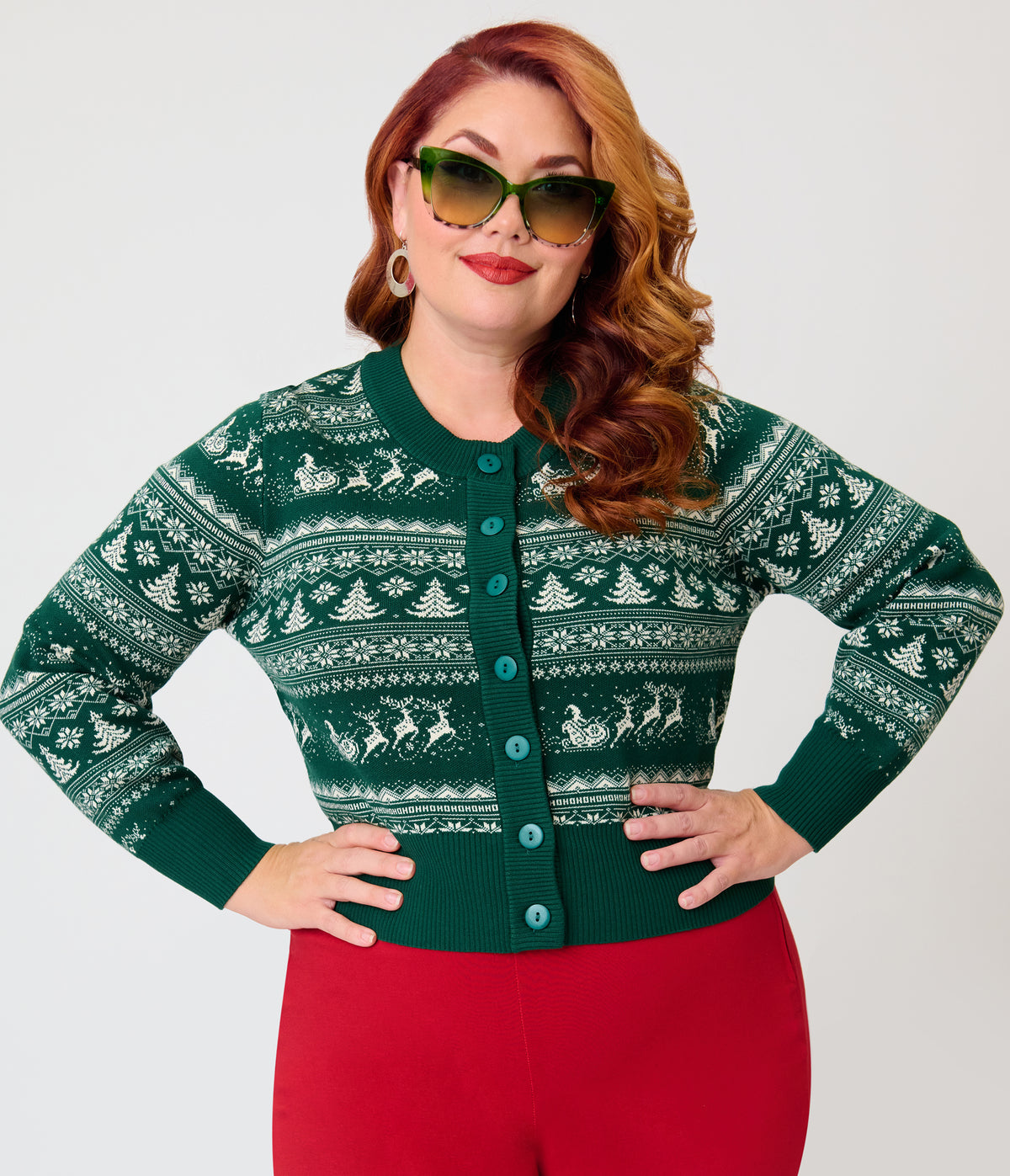 Unique Vintage Plus Size Green & White Reindeer & Christmas Tree Fair Isle Cropped Cardigan