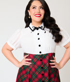 Unique Vintage Plus Size White & Red Plaid Beverly Swing Dress