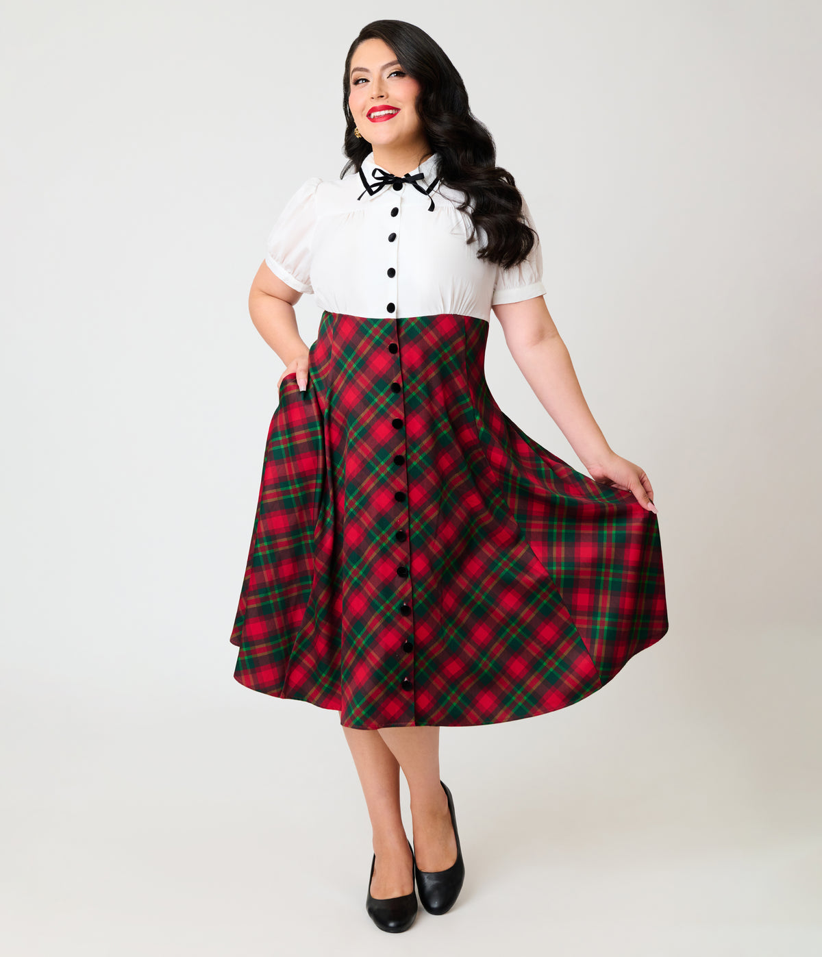 Unique Vintage Plus Size White & Red Plaid Beverly Swing Dress