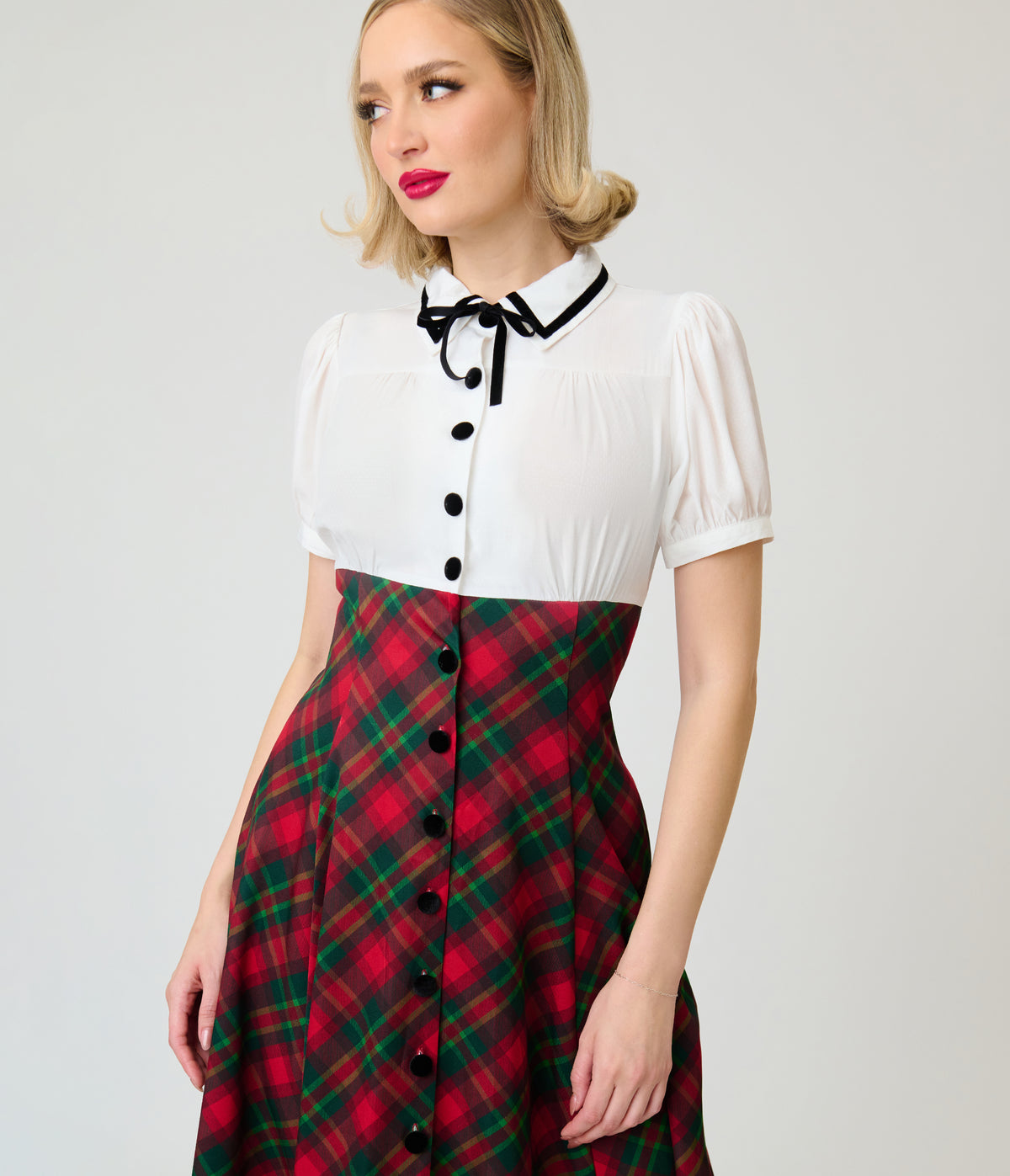 Unique Vintage White & Red Plaid Beverly Swing Dress