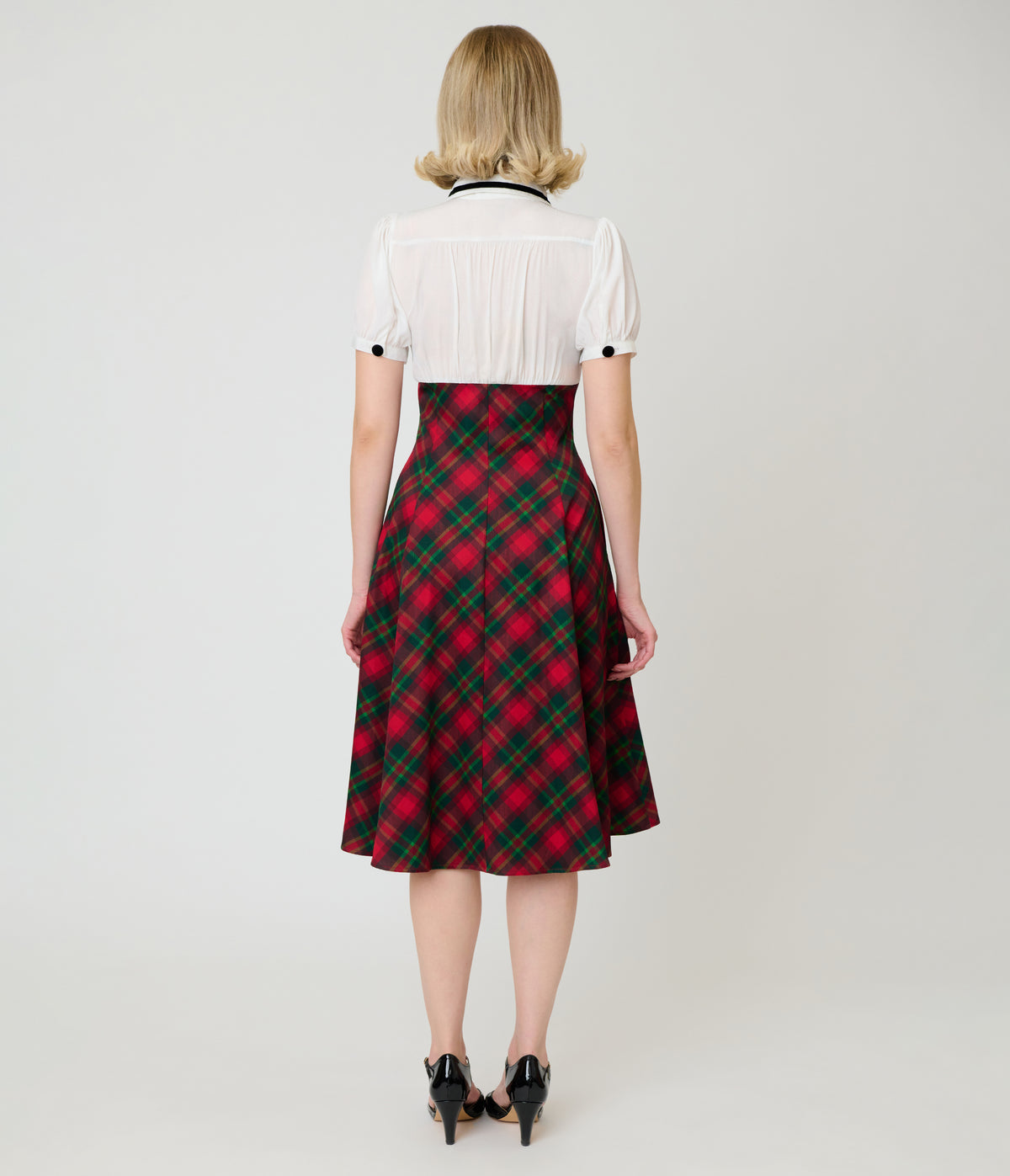 Unique Vintage White & Red Plaid Beverly Swing Dress