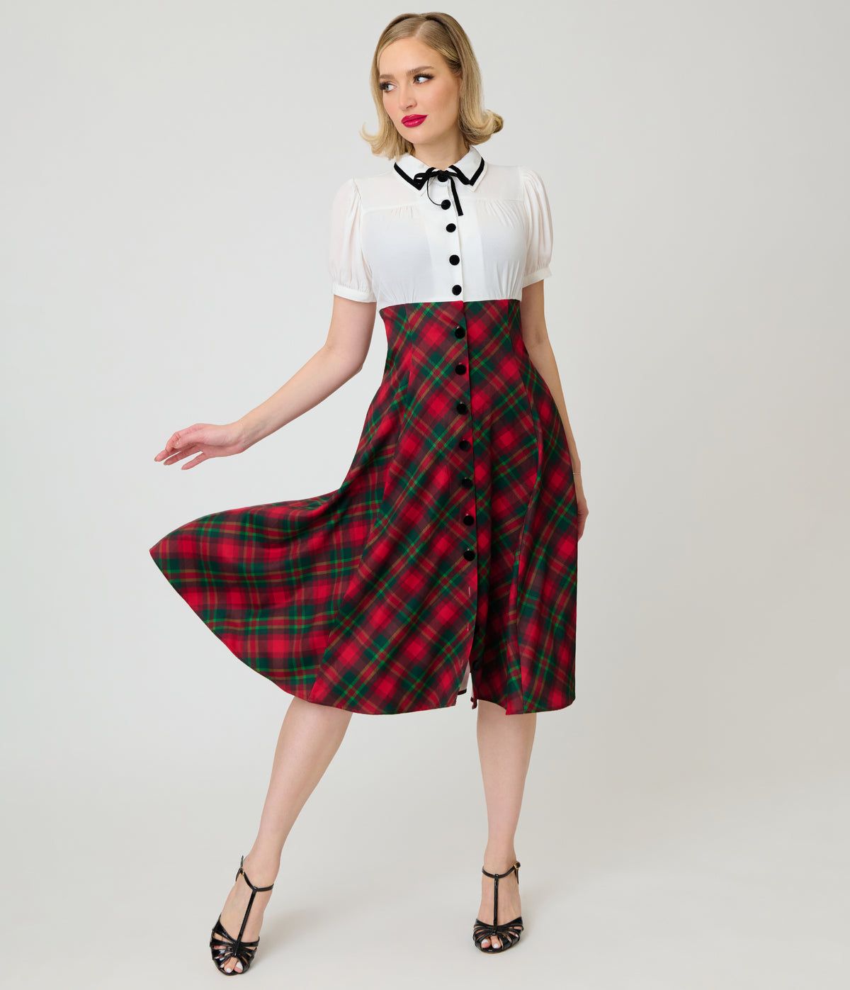 Unique Vintage White & Red Plaid Beverly Swing Dress