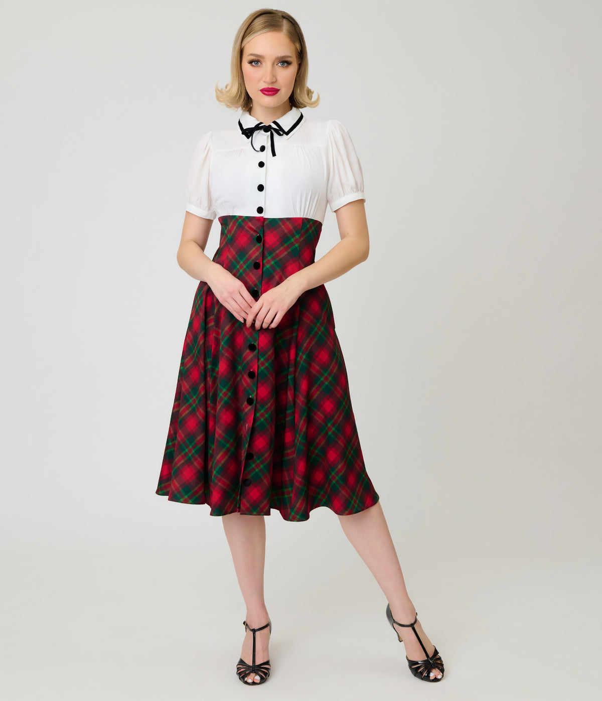 Unique Vintage White & Red Plaid Beverly Swing Dress