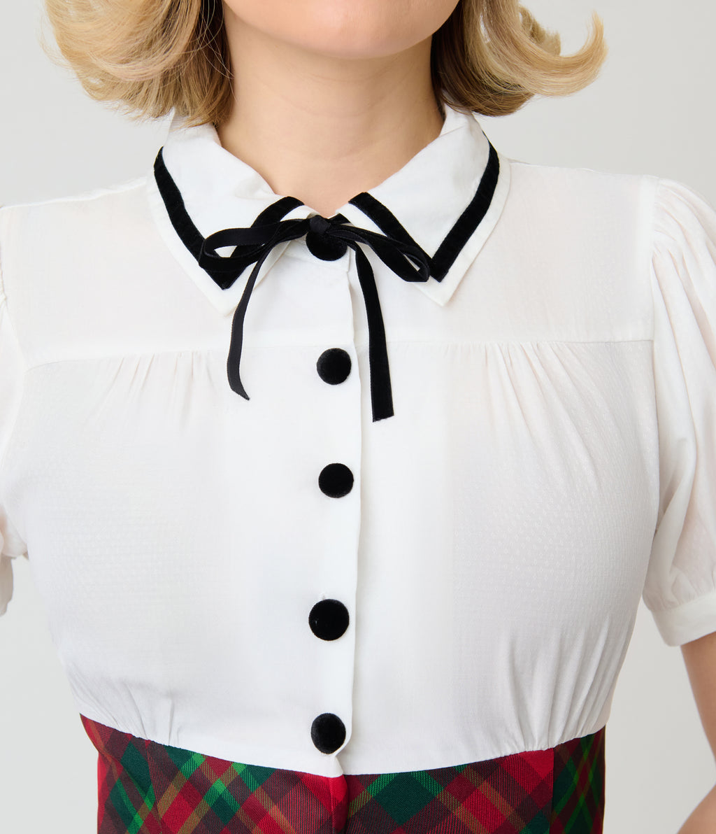 Unique Vintage White & Red Plaid Beverly Swing Dress