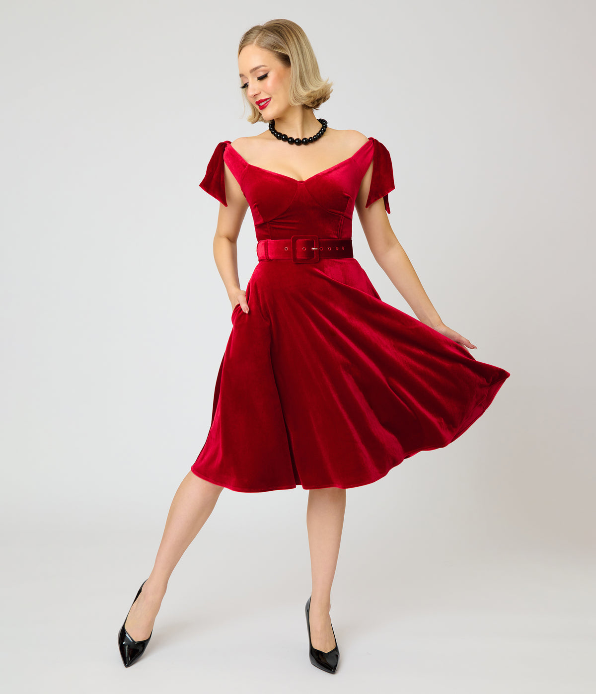 Unique Vintage Red Velvet Prairie Swing Dress