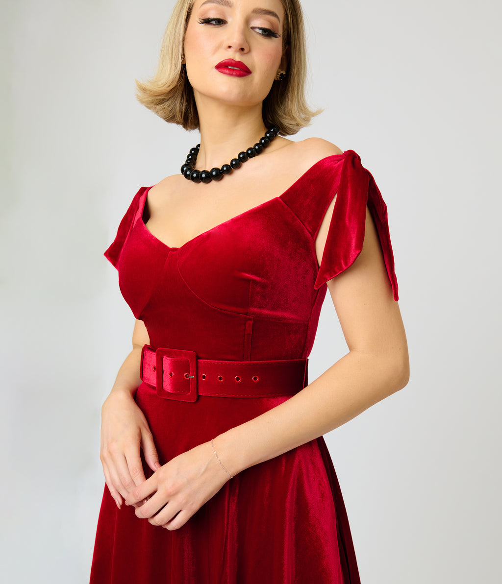 Unique Vintage Red Velvet Prairie Swing Dress