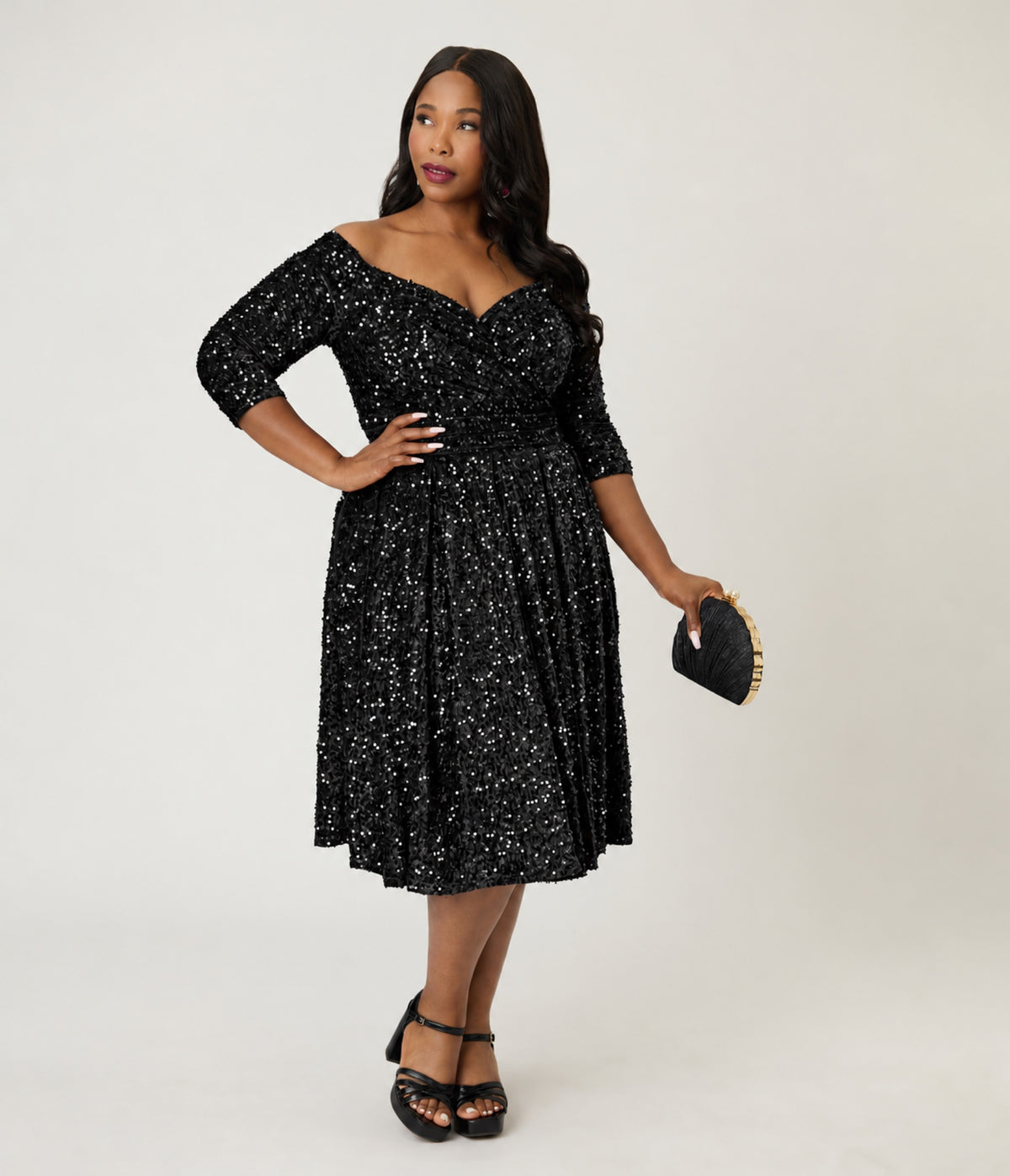 Unique Vintage Plus Size Black Sequin Marceline Swing Dress