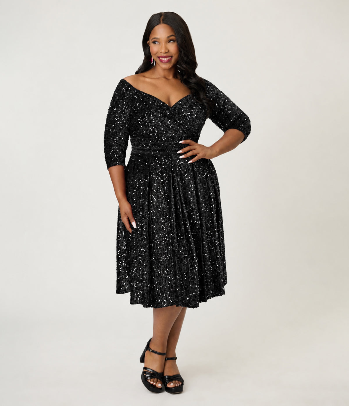 Unique Vintage Plus Size Black Sequin Marceline Swing Dress