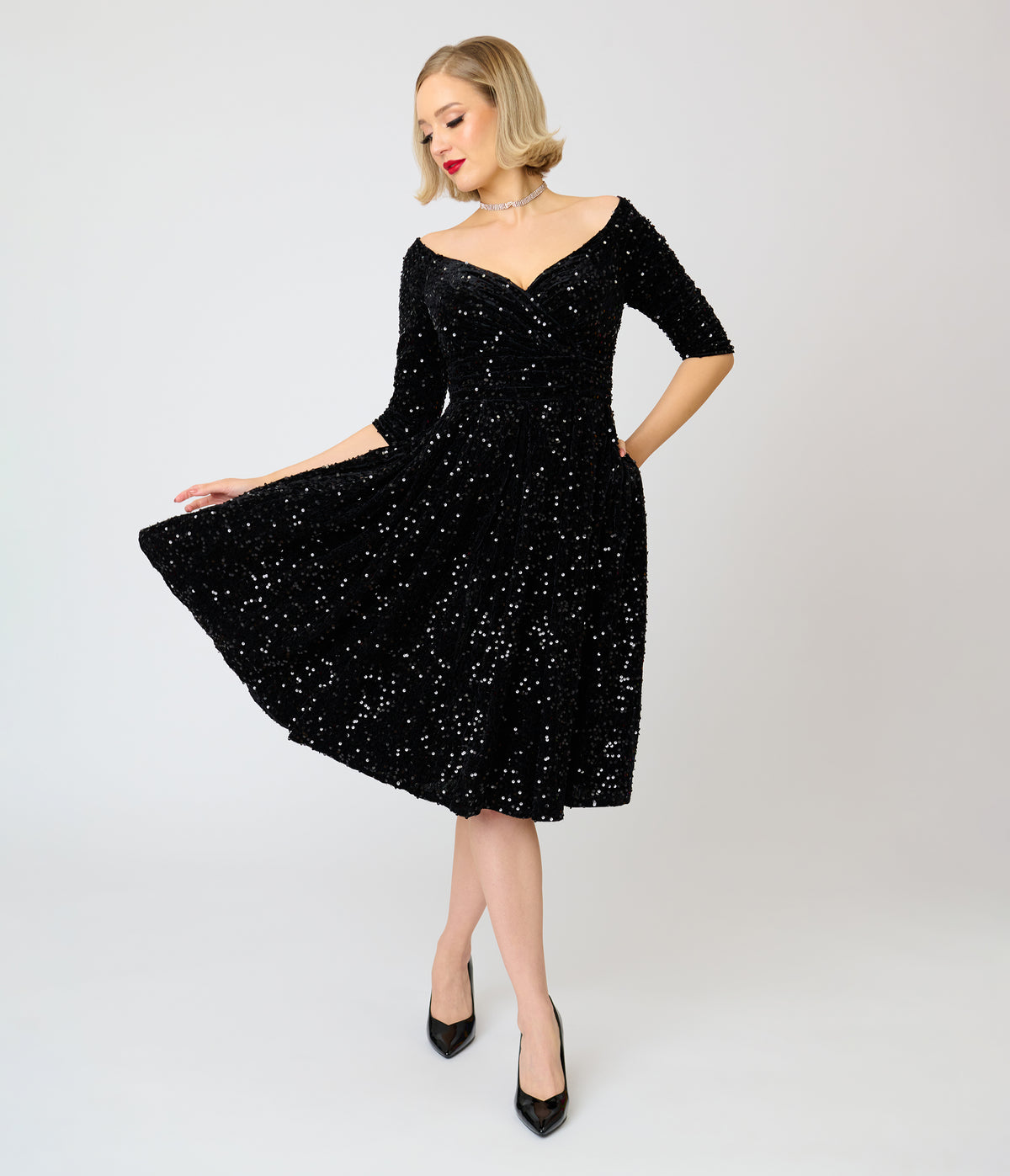 Unique Vintage Black Sequin Marceline Swing Dress