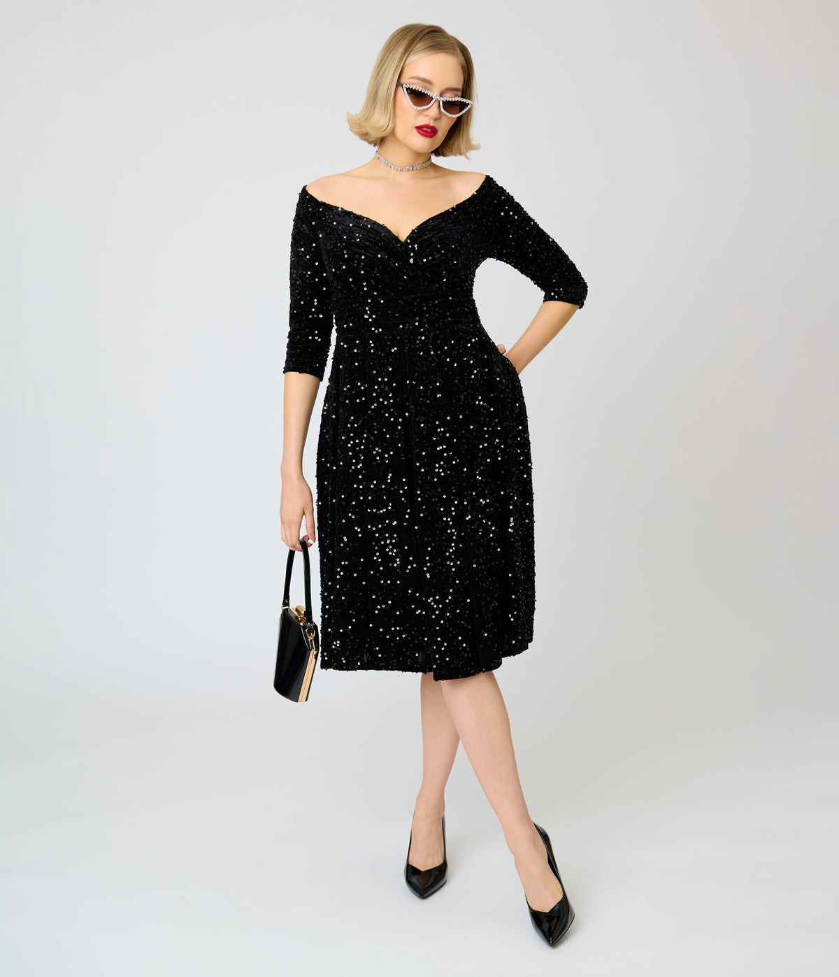 Unique Vintage Black Sequin Marceline Swing Dress
