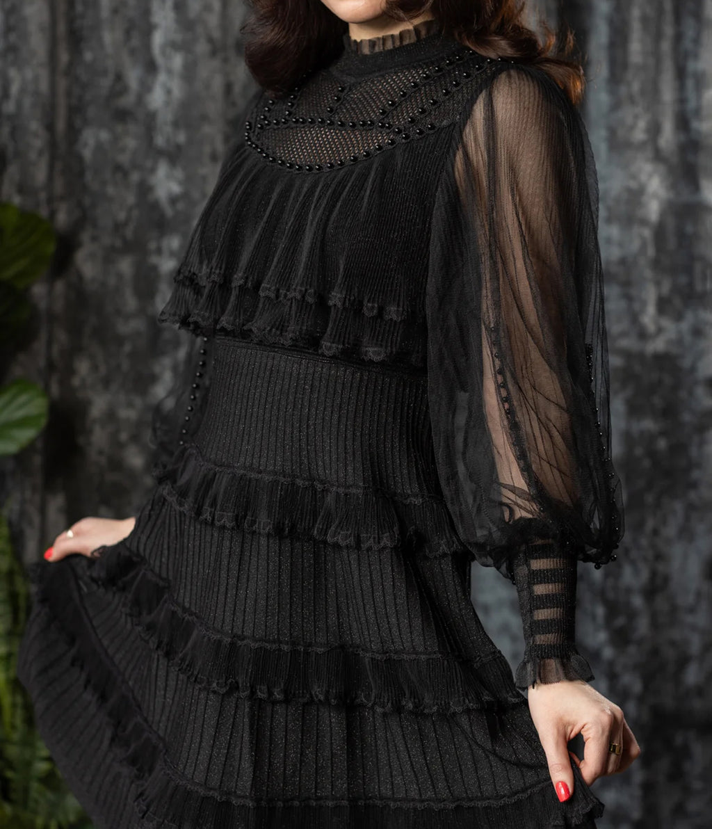 Witchwood Bags Black Mesh Ruffle Lola Mini Dress